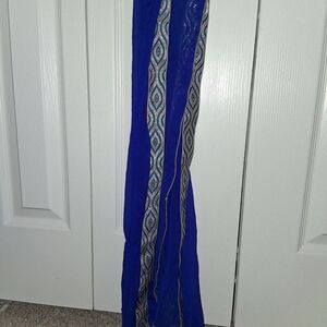 Blue Scarf with Patterned Trim